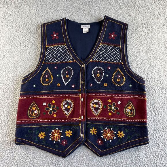 NEW Vintage Van Heusen Cardigan Sweater Vest Womens Large Blue Wool Blend Floral - Picture 1 of 14